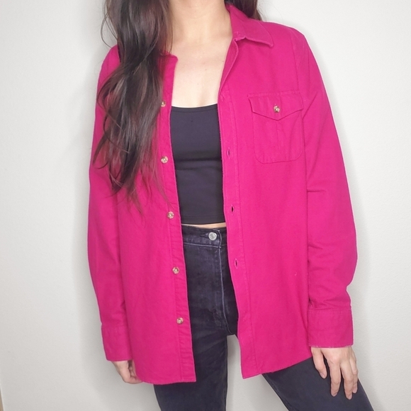 L.L. Bean Fuschia Pink Fleece Flannel Button Down Long Sleeve Shirt - Picture 2 of 10